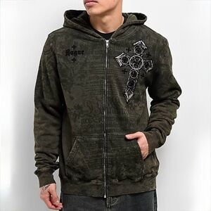 Affliction x Rogue Crosses Dark Brown Zip Hoodie